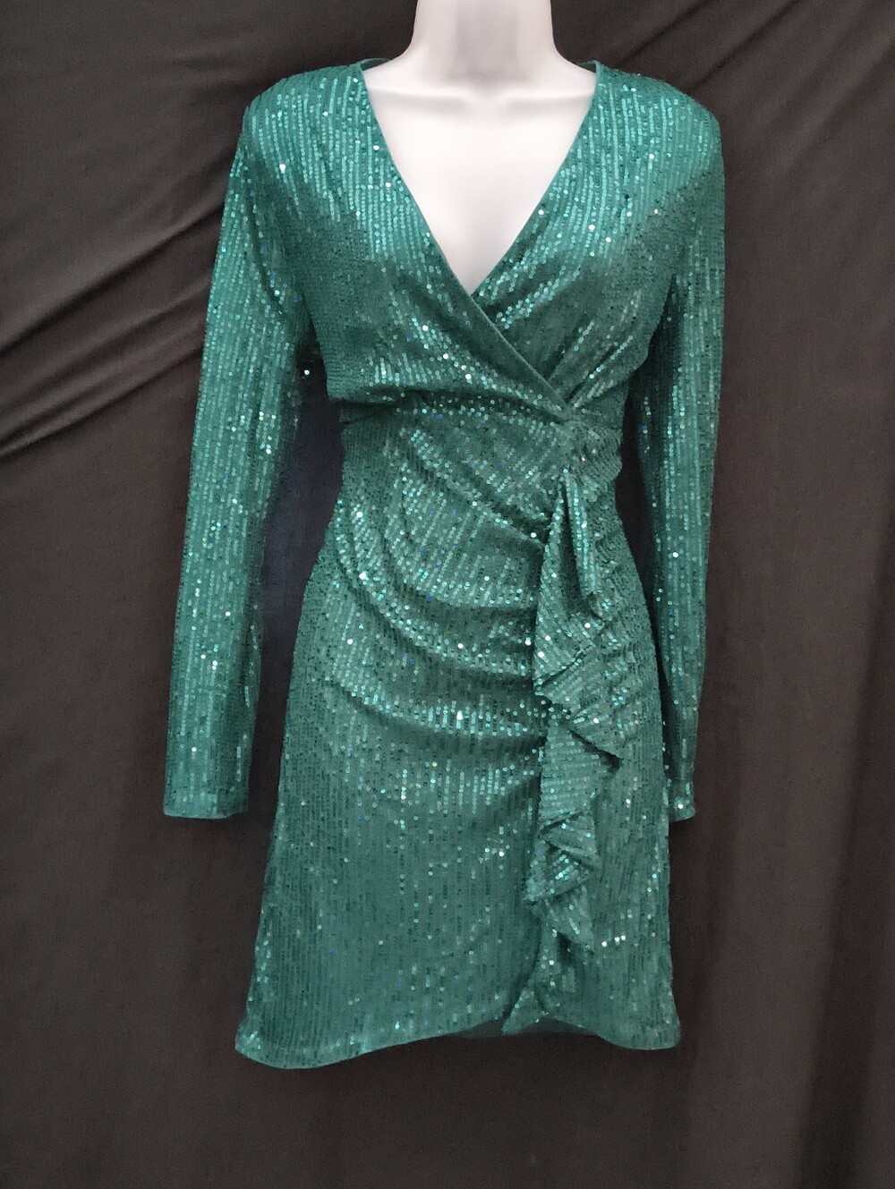 Sequin Wrap-Style Green Long-Sleeve Party Dress